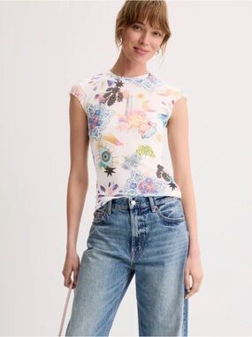 AFRM Nina Top Summer Convo Floral & Celestial Print Cap-Sleeve Top White Multi